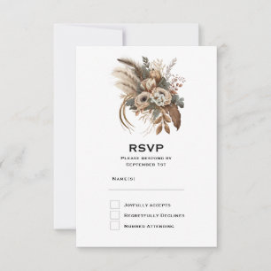 Cartão RSVP Flores Elegantes Folhagens e Penas Casamento