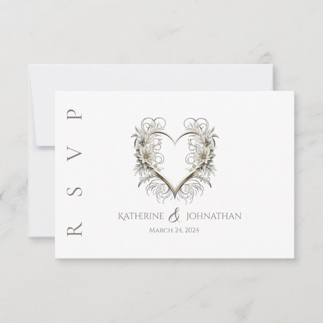 Cartão RSVP Flores Modernas com Casamento Cardíaco (Frente)