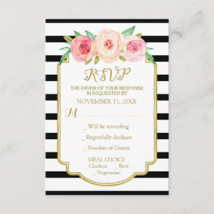 Cartão RSVP Flores rosa Douradas Black White Stripes Casamento