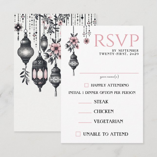 Cartão RSVP Flores rosa e Lanteras - Opções de Comida (Frente/Verso)