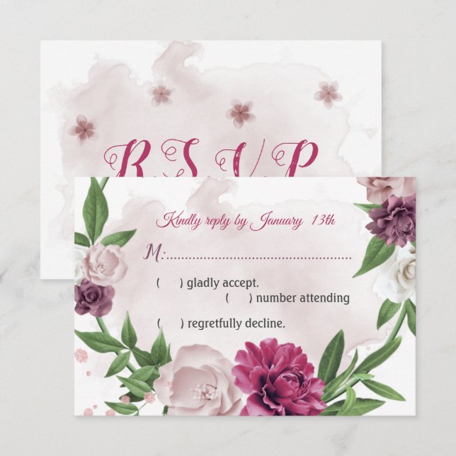 Cartão RSVP flores rosa-mauve botânica (Frente/Verso)