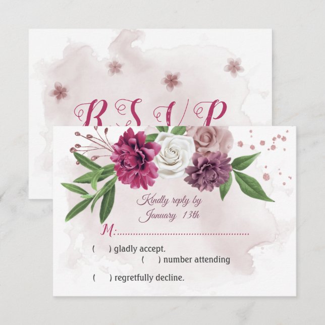 Cartão RSVP flores rosa-mauve botânica (Frente/Verso)
