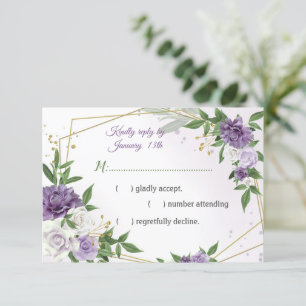Cartão RSVP flores roxas dourado botânico geométrico