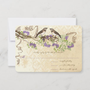Cartão RSVP Flores Roxas Folha Verde Pássaro Vintage Casamento