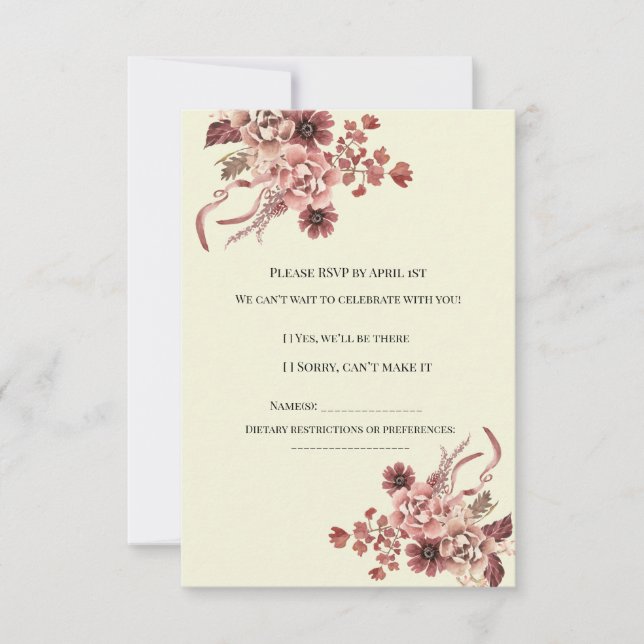 Cartão RSVP Flores Rusticas de Outono em Fundo Creme Aquarela (Frente)