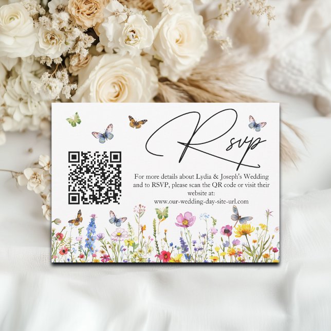 Cartão RSVP Flores Selvagens Borboletas Casando Código QR Cart (Criador carregado)