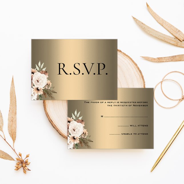 Cartão RSVP Flores selvagens legantes no Dourado Casamento Boh (Criador carregado)