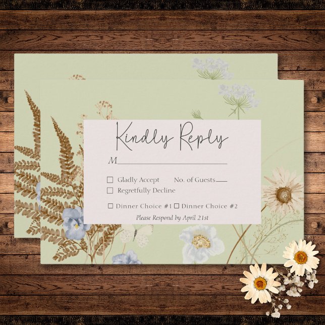 Cartão RSVP Flores selvagens no casamento da Light Sage Dois J (Wildflowers on Light Sage Wedding Two Dinner RSVP Card)