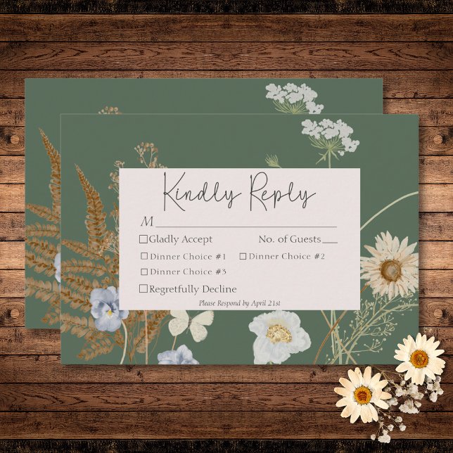 Cartão RSVP Flores selvagens no Janto Sage Green Wedding Three (Wildflowers on Sage Green Wedding Three Dinner RSVP Card)