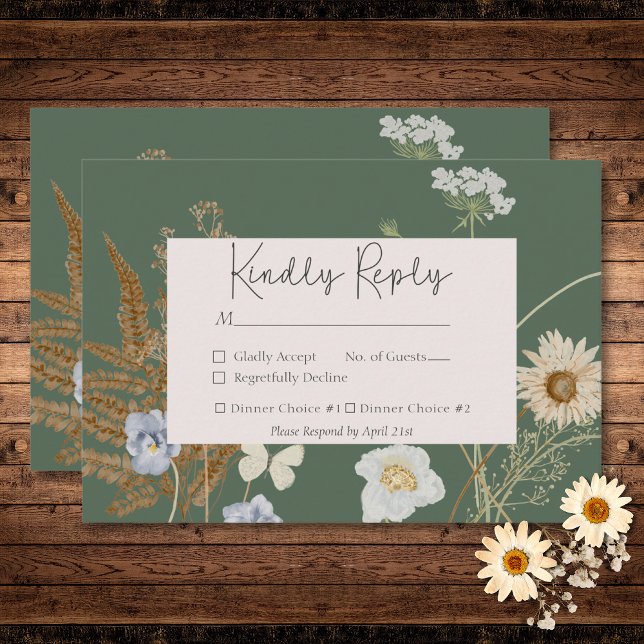 Cartão RSVP Flores selvagens no Janto Sage Weding Two (Wildflowers on Sage Wedding RSVP Card)