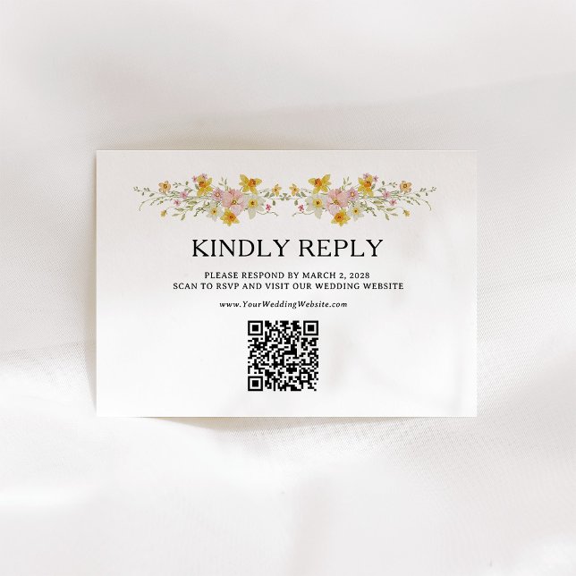 Cartão RSVP Flores Silvestres da Primavera | Código QR Aquarel (Criador carregado)
