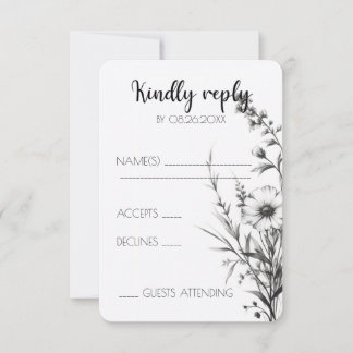 Cartão RSVP Flores Silvestres Pretas e Brancas Ousadas