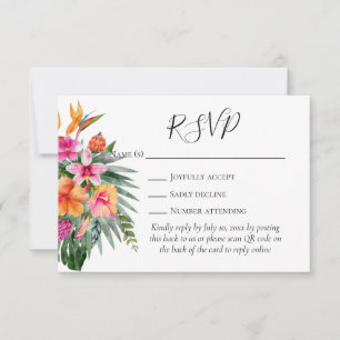 Cartão RSVP Flores Tropicais Coloridas Código QR Casamento RSV