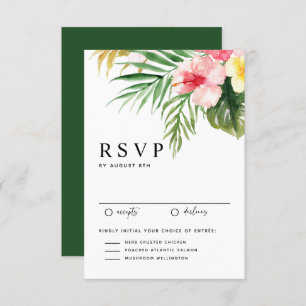 Cartão RSVP Flores Tropicais de Aquarela e Casamento Verde