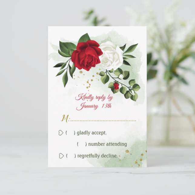 Cartão RSVP flores vermelhas e brancas verdes (Em pé/Frente)