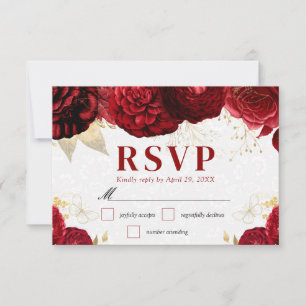 Cartão RSVP Flores Vermelhas e Douradas de Aquarela Casamento