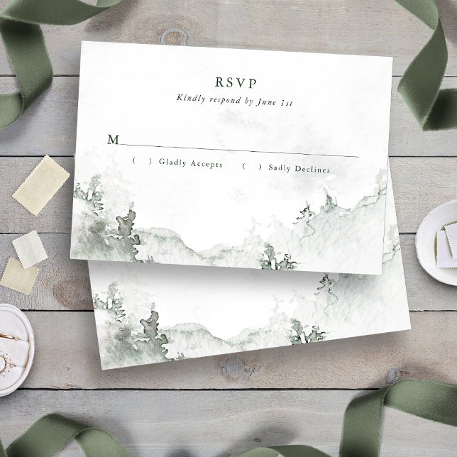 Cartão RSVP Floresta de Aquarela (Green and White Simple Minimalist Watercolor Forest RSVP Card
)