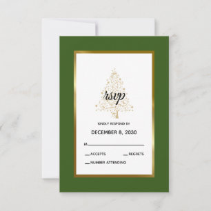 Cartão RSVP Floresta Verde Elegante Casamento de Natal em Ouro