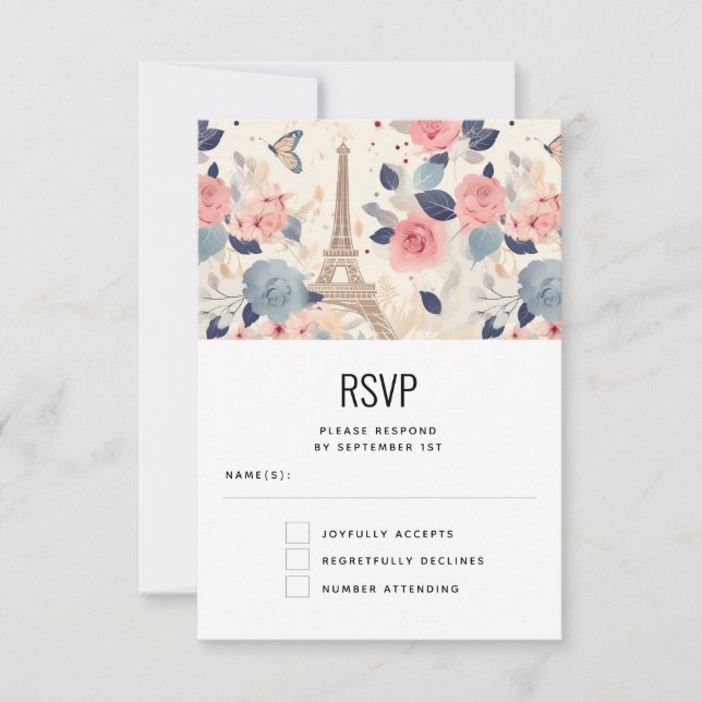 Cartão RSVP Flowers e Eiffel Tower Paris Casamento de Padrão (Frente)