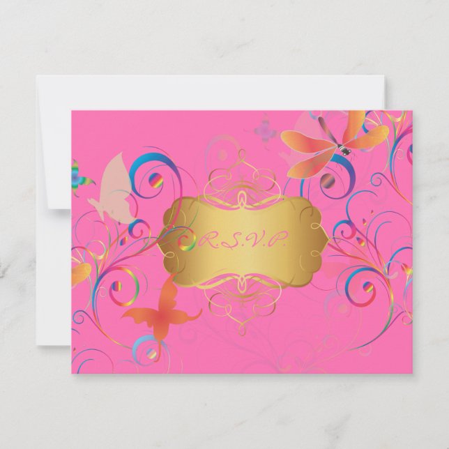 Cartão RSVP Flutuando por... mosca dragão+borboletas+rochedos (Frente)