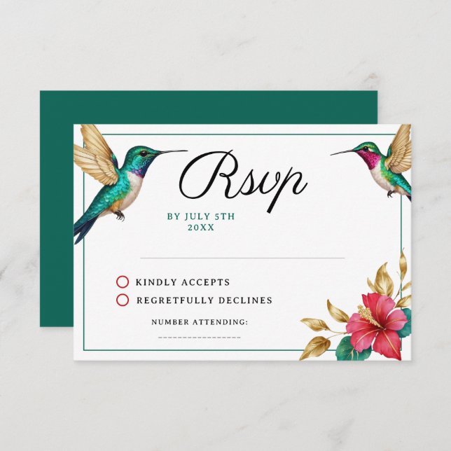 Cartão RSVP Flying Hummingbirds Red Tropical Flower Wedding (Frente/Verso)
