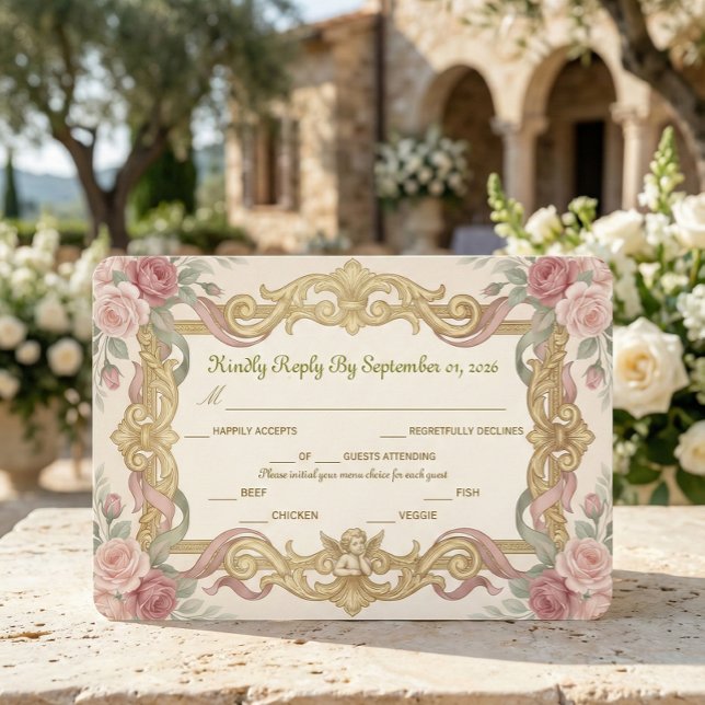Cartão RSVP Folha de Ouro Falso Barroco Rococó Floral (Criador carregado)