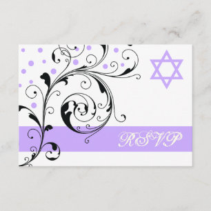 Cartão RSVP Folha de rolagem branca roxa e estrela de David RS