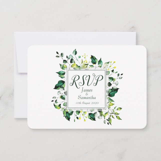 Cartão RSVP Folha Verde de Aquarela e Flor Amarelo | Casamento (Frente)