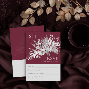 Cartão RSVP Folhagem Botânica Monograma Borgonha Casamento RSV