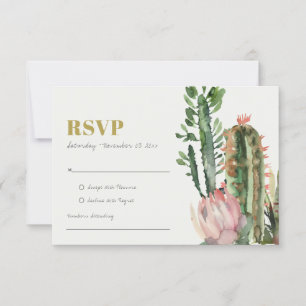 Cartão RSVP FOLHAGEM DE CACTO DO DESERTO FLORAL ROSA EM Aquare