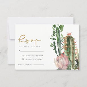 Cartão RSVP FOLHAGEM DE CACTO DO DESERTO FLORAL ROSA EM Aquare