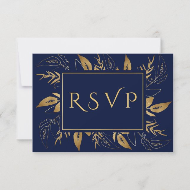 Cartão RSVP Folhagem do ouro | Casamento Azul-Marinho Dourado  (Frente)