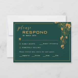 Cartão RSVP Folhagem Dourada Verde Esmeralda Elegante