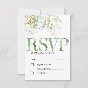 Cartão RSVP Folhagem Elegante em Aquarela e Folhas de Ouro