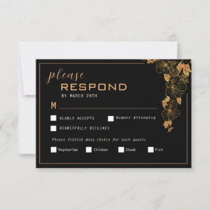 Cartão RSVP Folhagem Preta e Dourada Elegante