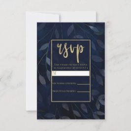 Cartão RSVP Folhas Botânicas Azul Escuro Casamento Moderno RSV