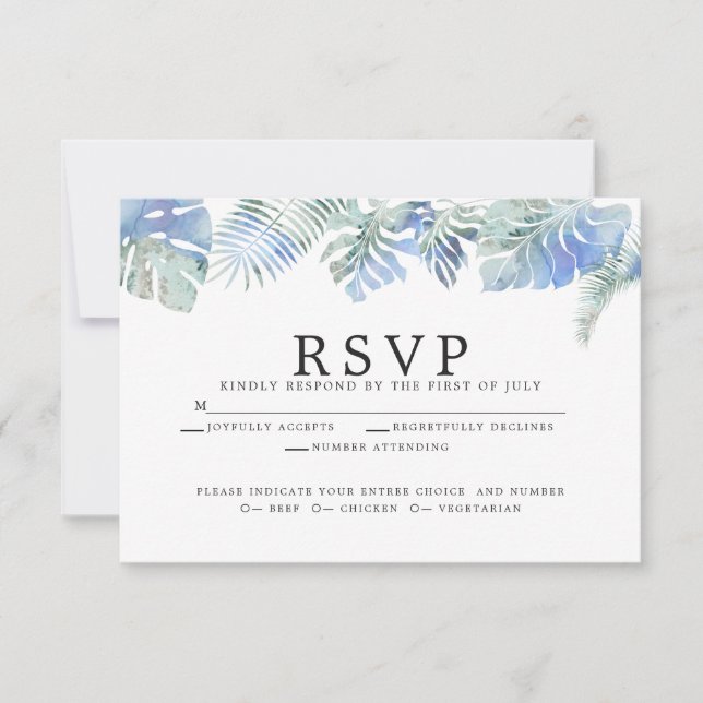 Cartão RSVP Folhas de Corante Tropical de Cornflower Blue (Frente)