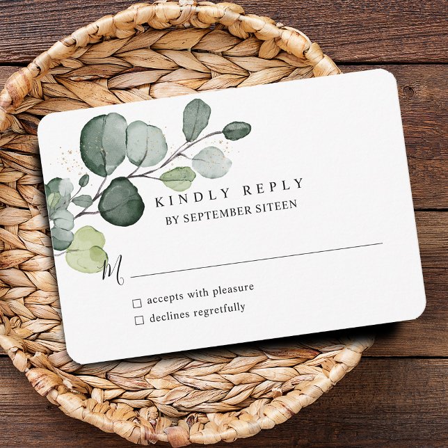 Cartão RSVP Folhas de Eucalipto com Salpicos Dourados (Eucalyptus Leaves Gold Splatter RSVP Card)