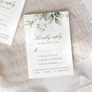 Cartão RSVP Folhas de Eucalipto Elegantes Verde Dourado Casame