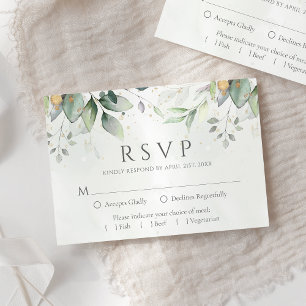 Cartão RSVP Folhas de Eucalipto Elegantes Verde Dourado Casame