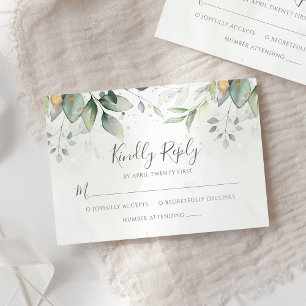 Cartão RSVP Folhas de Eucalipto Verde Elegante Casamento Doura