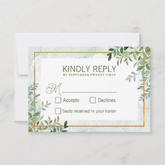 Cartão RSVP Folhas de folhagem verde em aquarela casamento rsv