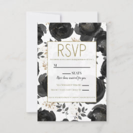 Cartão RSVP Folhas de Glam Floral Ouro Negro Casamento