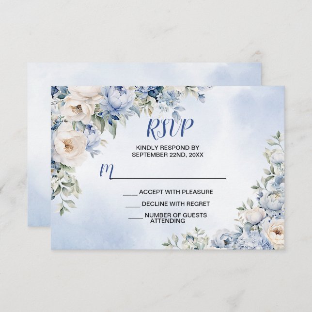 Cartão RSVP Folhas de marfim de salada azul-caseira Folhas de  (Frente/Verso)