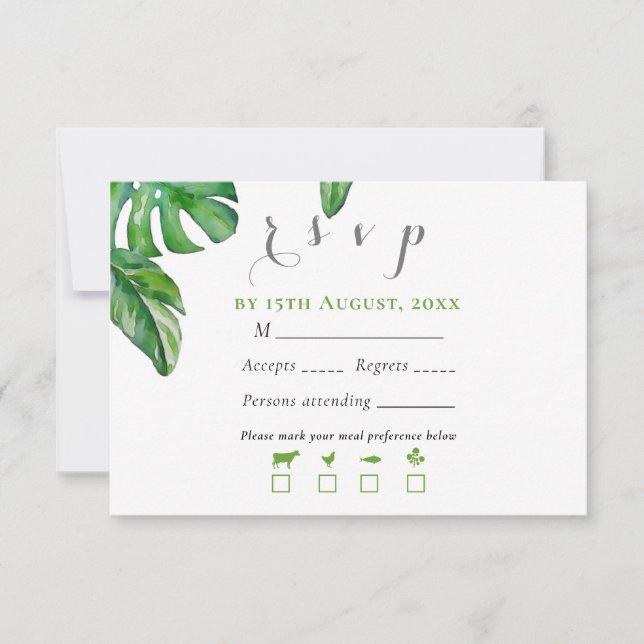 Cartão RSVP Folhas de Monstera em Aquarela Verde Tropical (Frente)