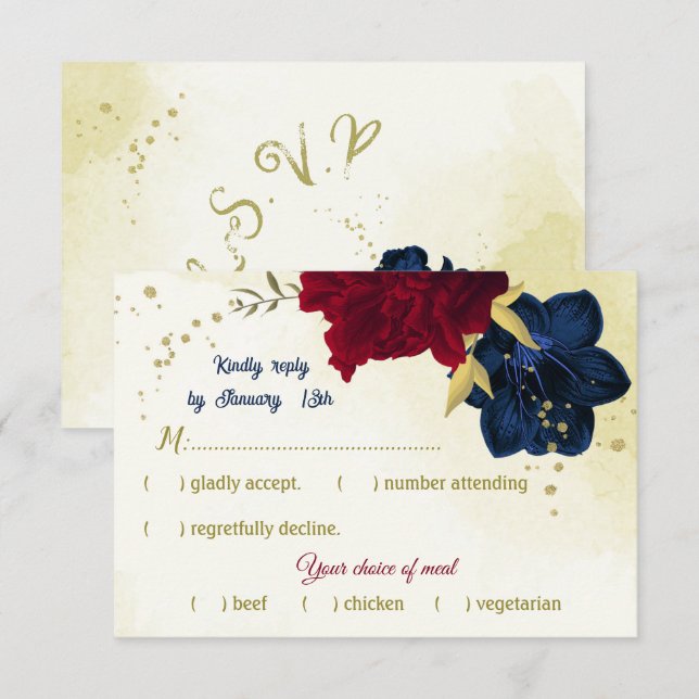 Cartão RSVP Folhas de ouro de flores marinhos (Frente/Verso)