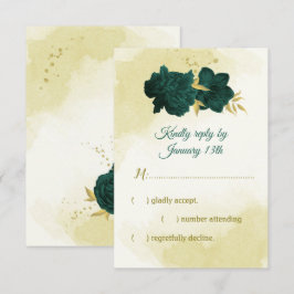 Cartão RSVP Folhas de ouro de flores verdes meraldas