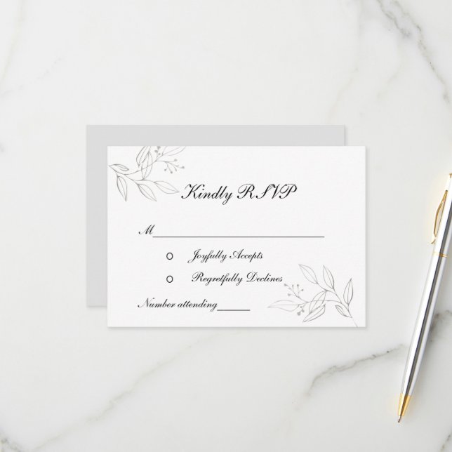 Cartão RSVP Folhas de prata Casamento Elegante Formal (Frente/Verso In Situ)