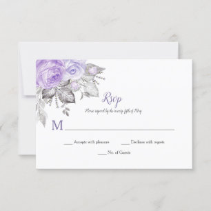 Cartão RSVP Folhas de Prata Rosas Roxas - Brancos - Casamento 