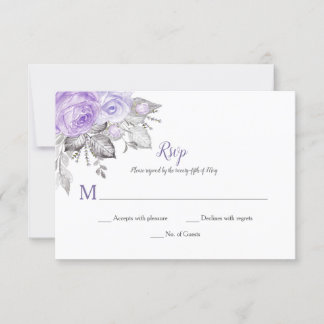 Cartão RSVP Folhas de Prata Rosas Roxas - Brancos - Casamento